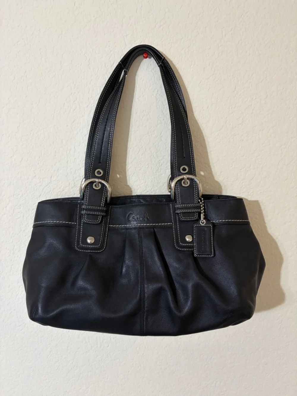 Coach Black Leather Shoulder Bag with White Contrast Stitching